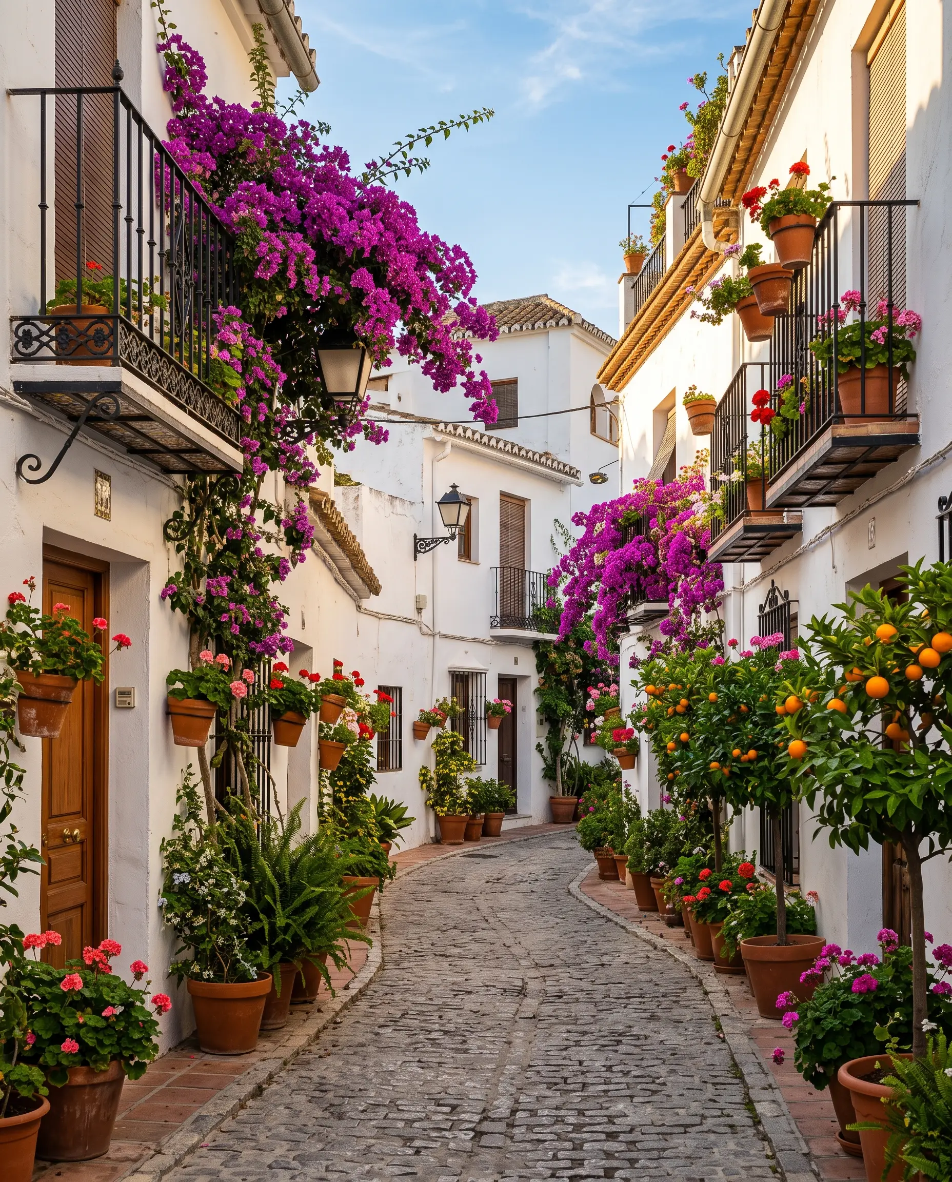 Calle encalada con buganvillas en el casco antiguo de Marbella