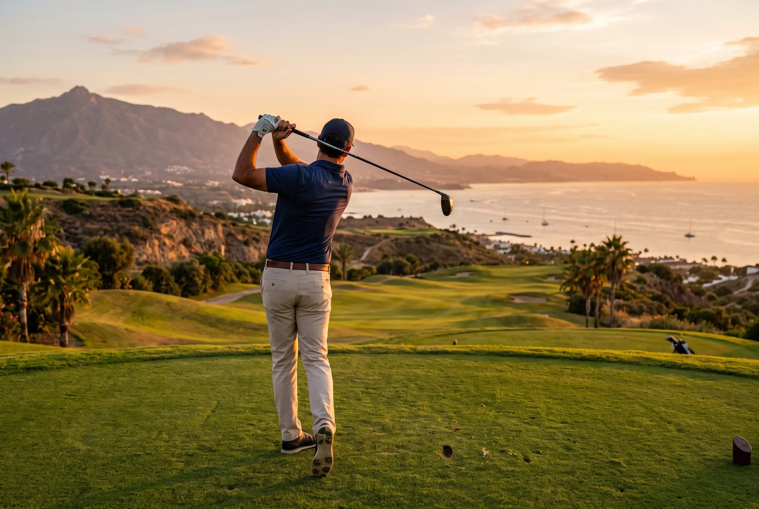 Golfista al atardecer en un campo de la Costa del Sol