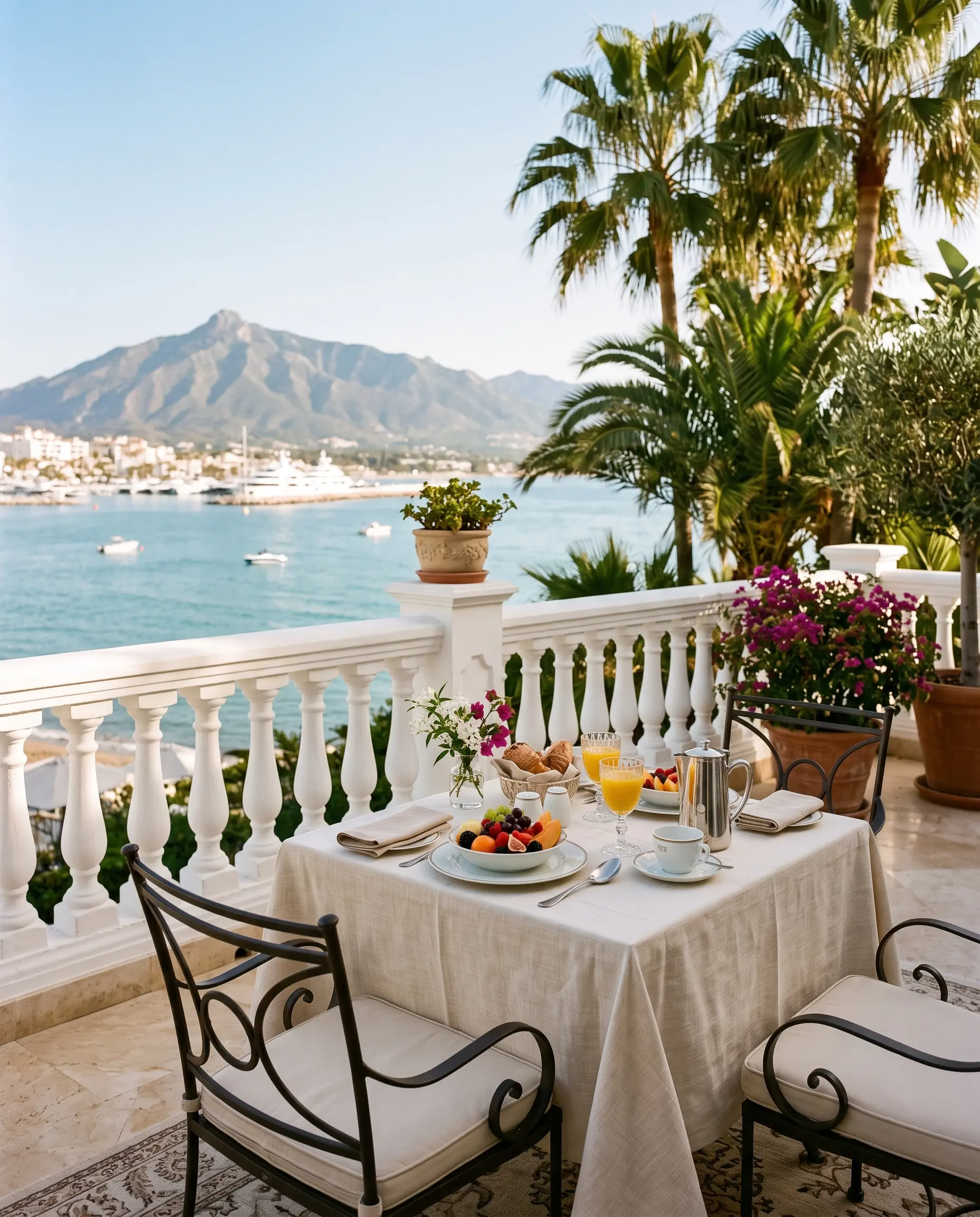 Terraza de un hotel en Marbella con el mar al fondo